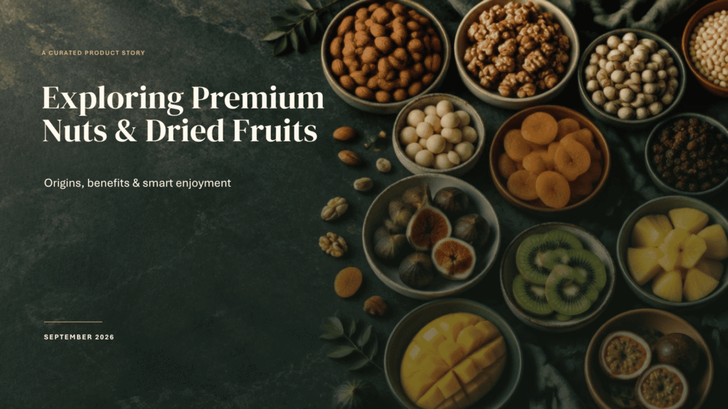 Bowls of almonds, walnuts, macadamia, apricots, figs, kiwi, mango and pineapple