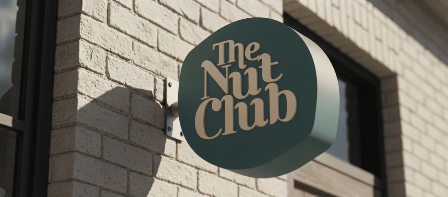 The Nut Club sign on a brick storefront